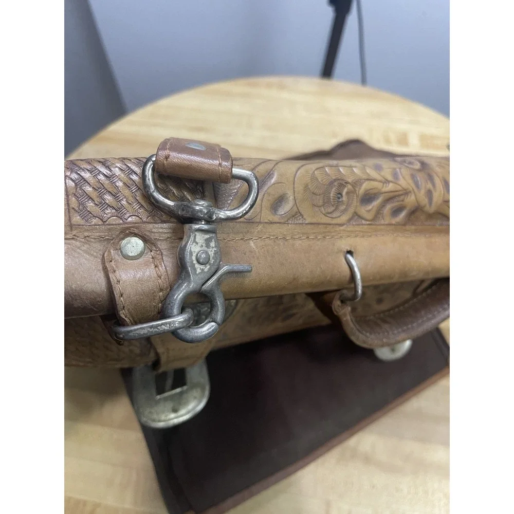 Vintage American West Tooled Leather Briefcase Messenger Laptop Bag Brown USA